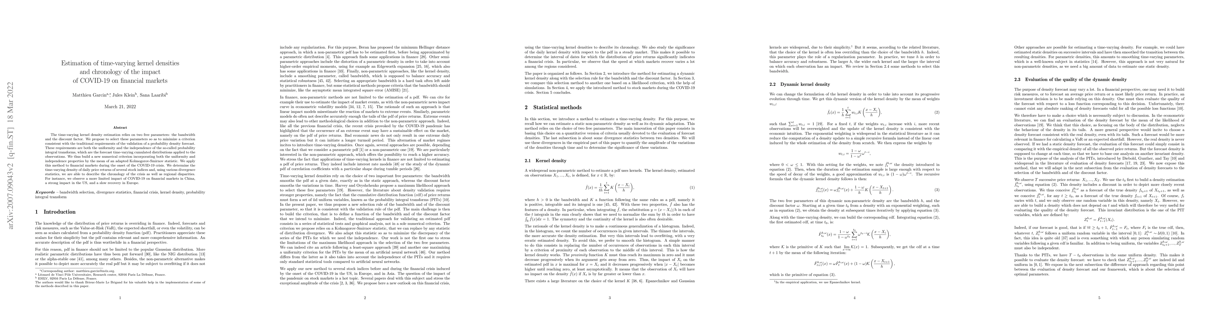 Thumbnail for Estimation of time-varying kernel densities and chronology of the impact
  of COVID-19 on financial markets