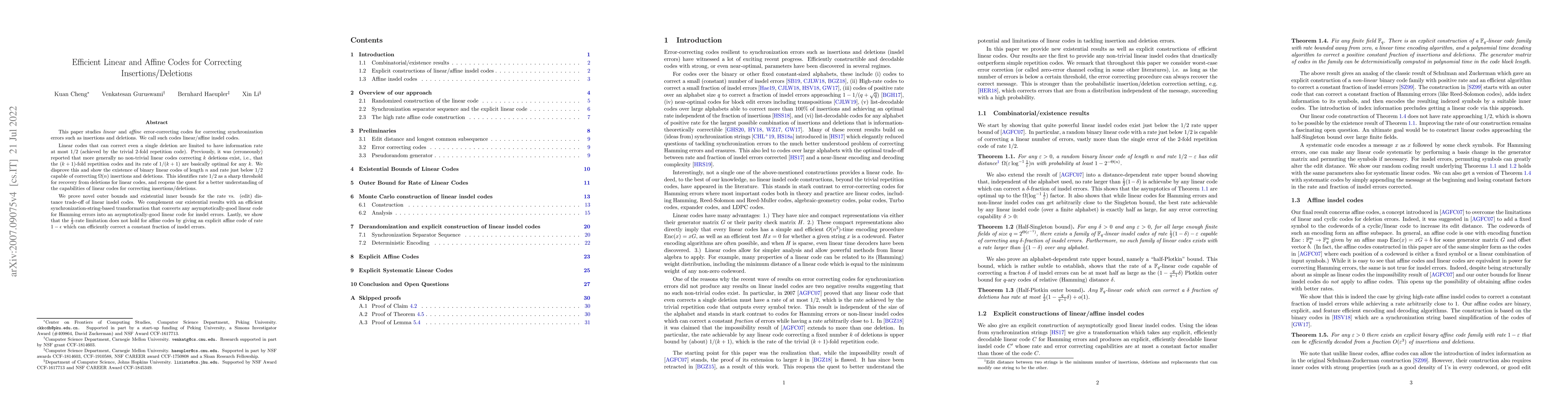 Thumbnail for Efficient Linear and Affine Codes for Correcting Insertions/Deletions