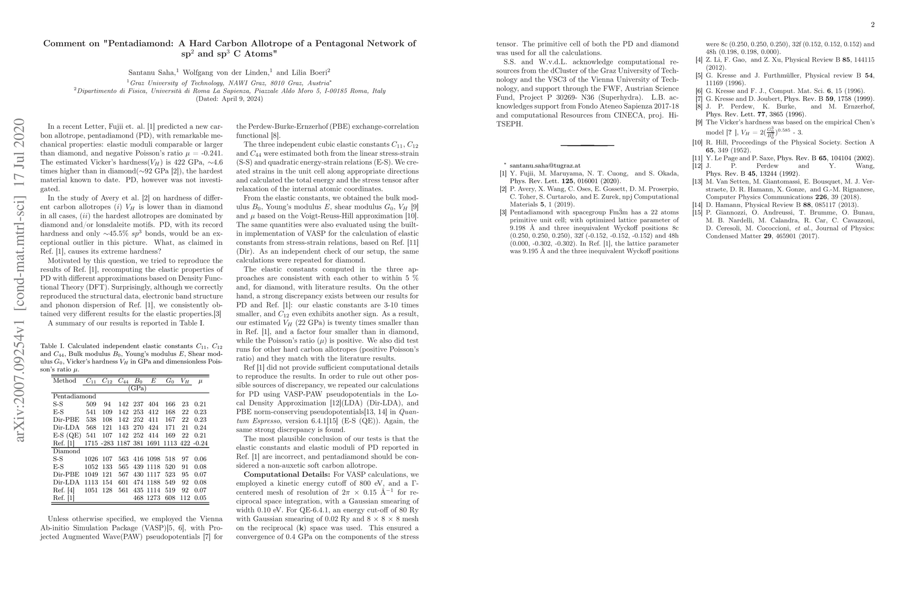 Thumbnail for Comment on "Pentadiamond: A Hard Carbon Allotrope of a Pentagonal
  Network of sp2 and sp3 C Atoms"