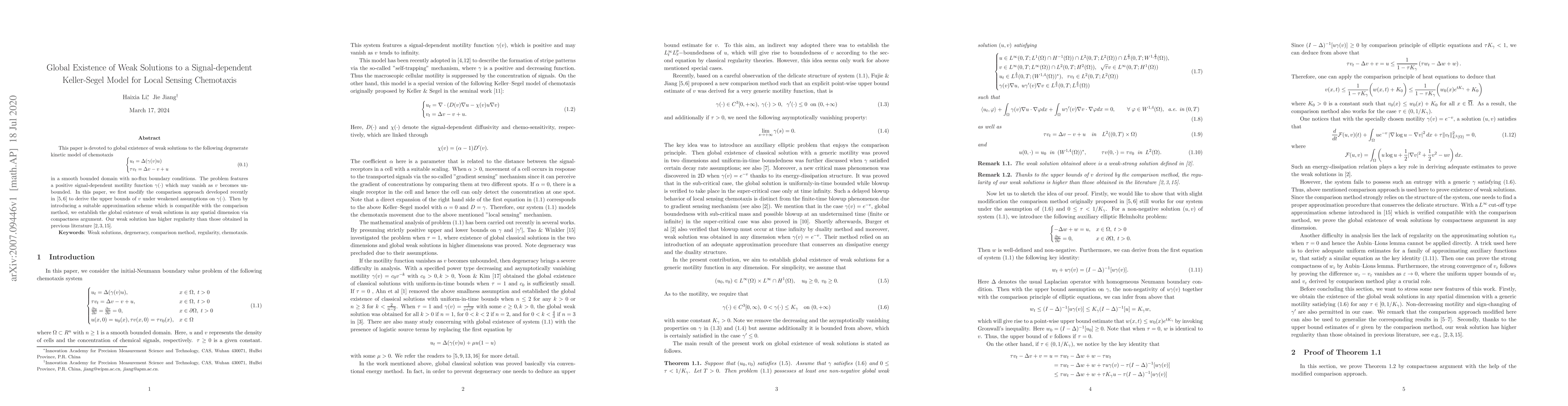 Thumbnail for Global Existence of Weak Solutions to a Signal-dependent Keller-Segel
  Model for Local Sensing Chemotaxis
