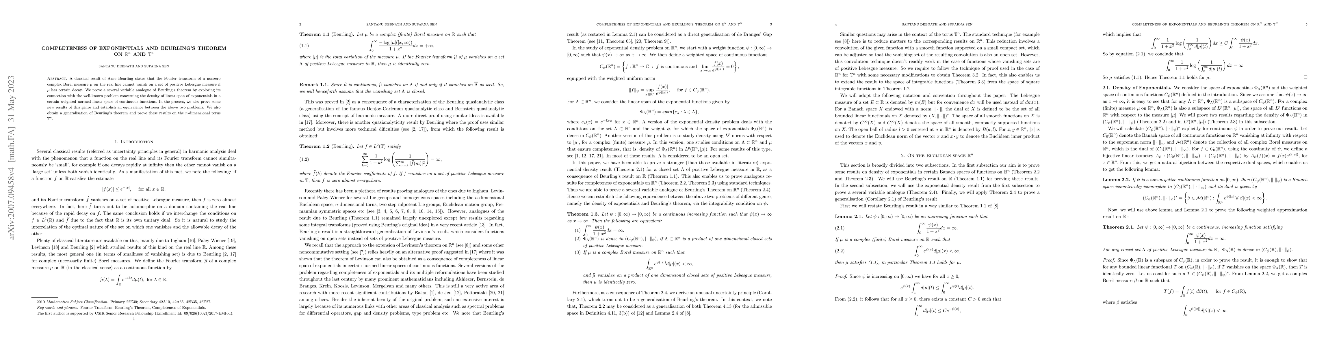 Thumbnail for Completeness of Exponentials and Beurling's Theorem on $\mathbb{R}^n$
  and $\mathbb{T}^n$