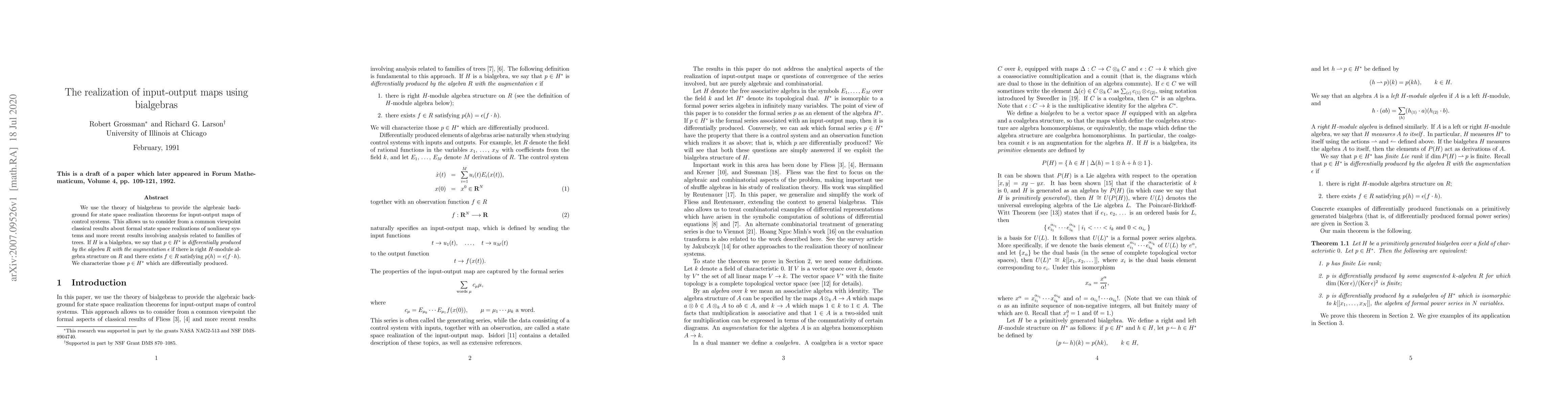 Thumbnail for The realization of input-output maps using bialgebras