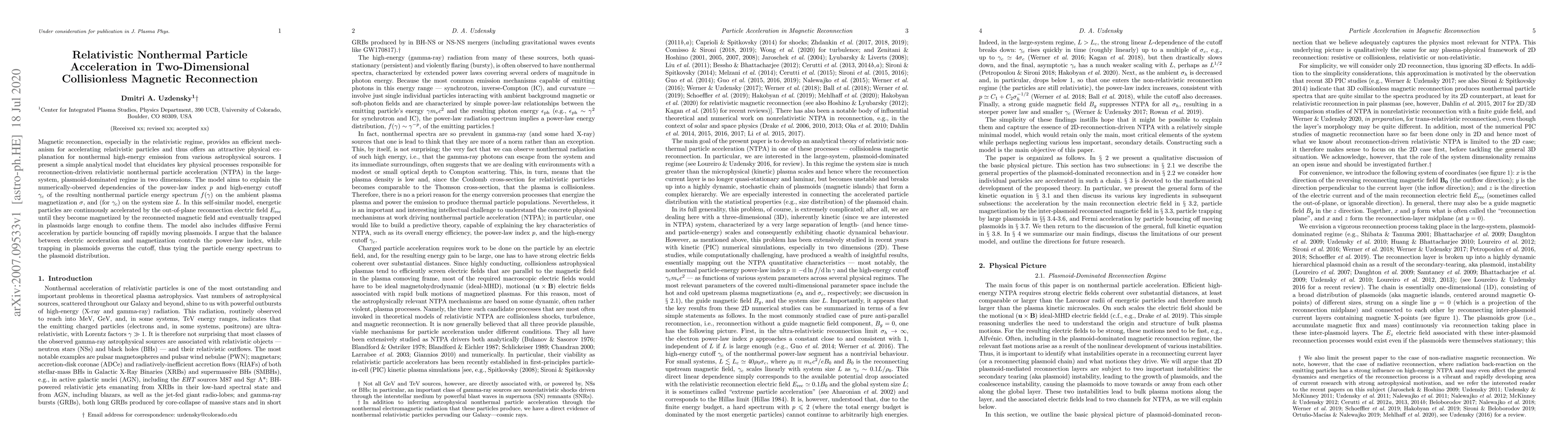 Thumbnail for Relativistic Nonthermal Particle Acceleration in Two-Dimensional
  Collisionless Magnetic Reconnection