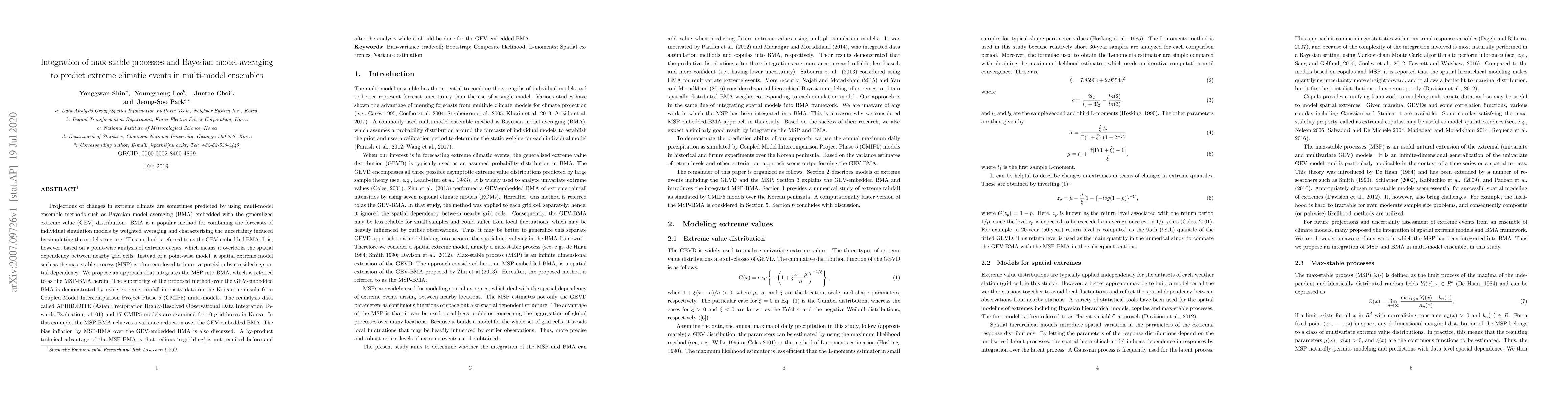 Thumbnail for Integration of max-stable processes and Bayesian model averaging to
  predict extreme climatic events in multi-model ensembles