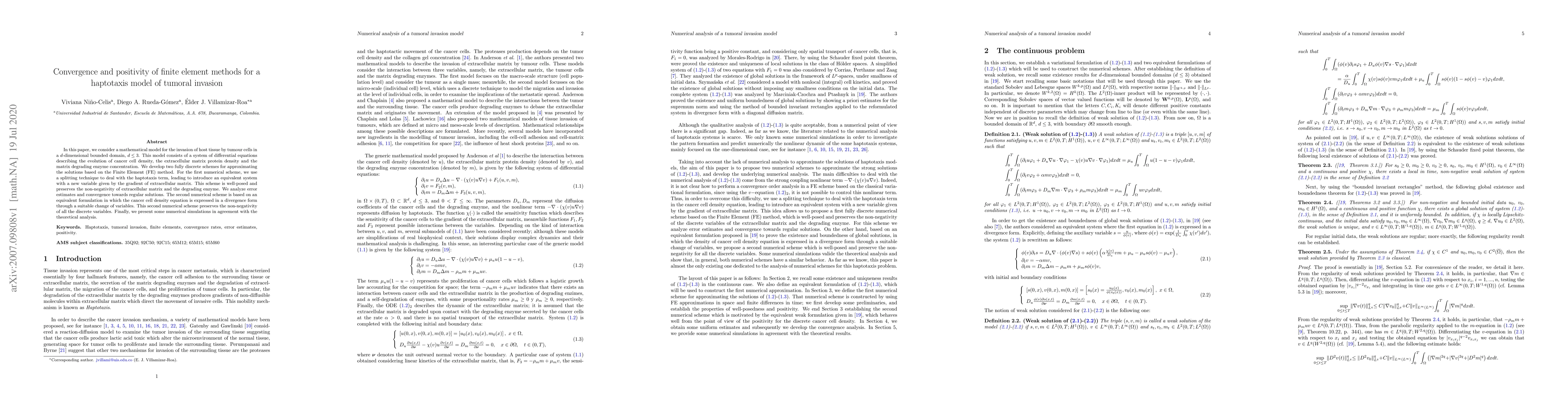 Thumbnail for Convergence and positivity of finite element methods for a haptotaxis
  model of tumoral invasion