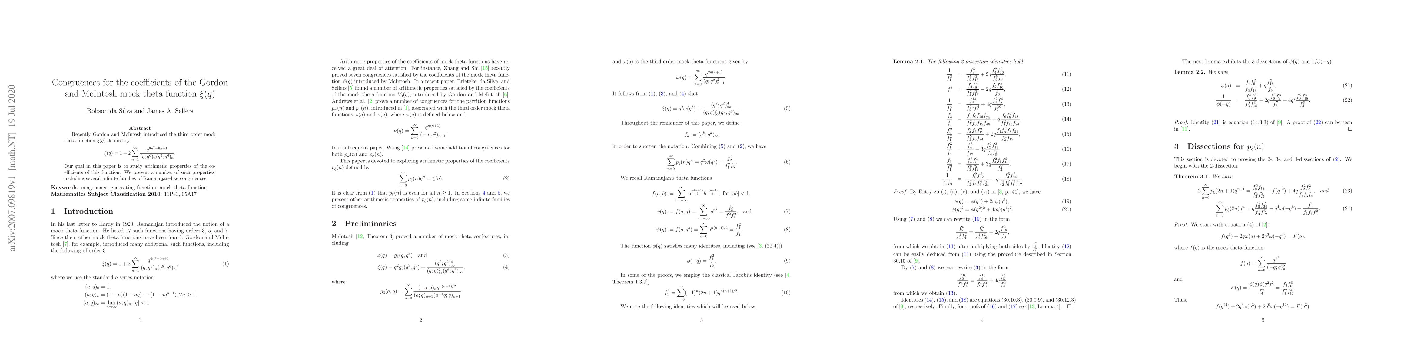 Thumbnail for Congruences for the coefficients of the Gordon and McIntosh mock theta
  function $\xi(q)$