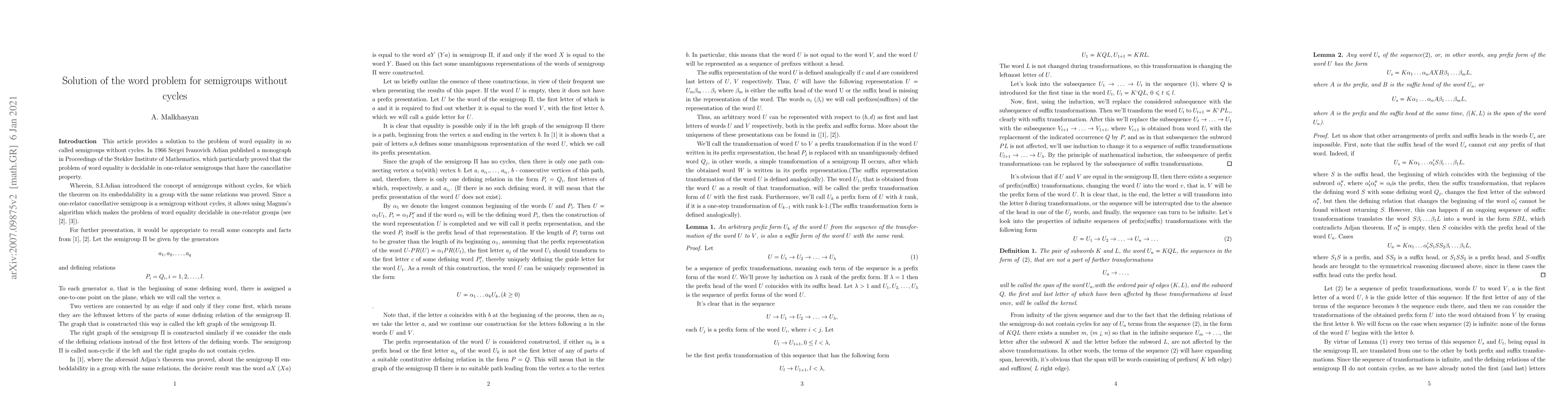 Thumbnail for Solution of the word problem for semigroups without cycles