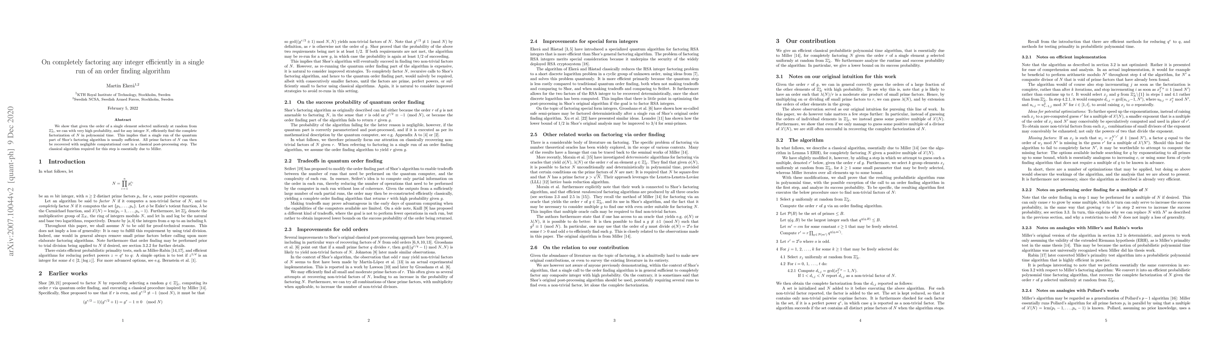 Thumbnail for On completely factoring any integer efficiently in a single run of an
  order finding algorithm