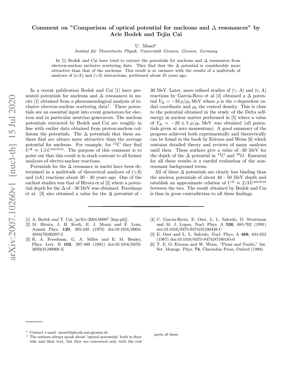 Thumbnail for Comment on "Comparison of optical potential for nucleons and $\Delta$
  resonances" by Arie Bodek and Tejin Cai