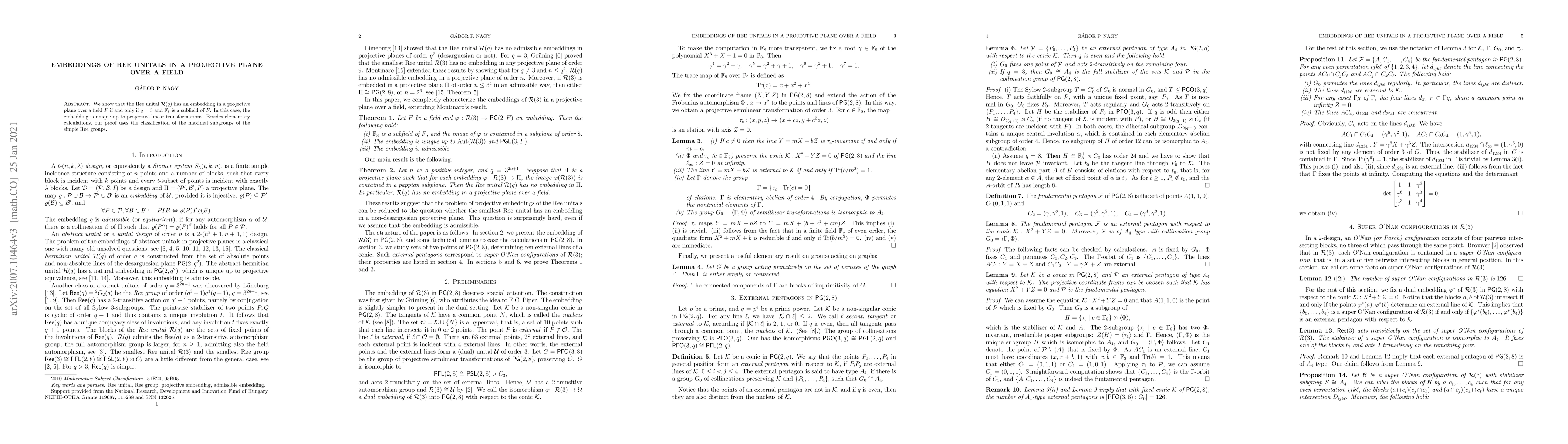 Thumbnail for Embeddings of Ree unitals in a projective plane over a field