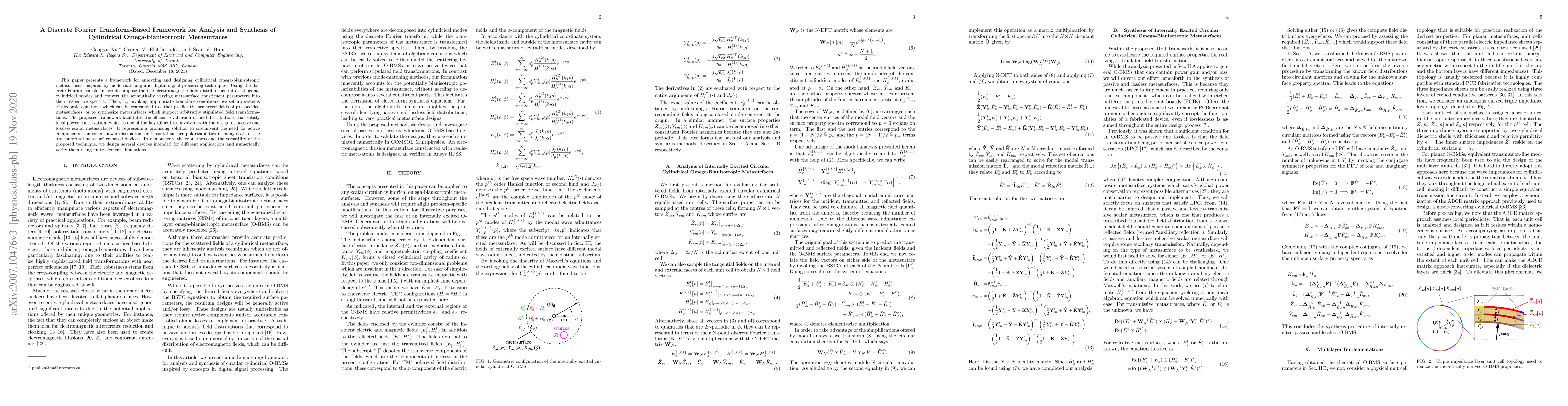 Thumbnail for A Discrete Fourier Transform-Based Framework for Analysis and Synthesis
  of Cylindrical Omega-bianisotropic Metasurfaces