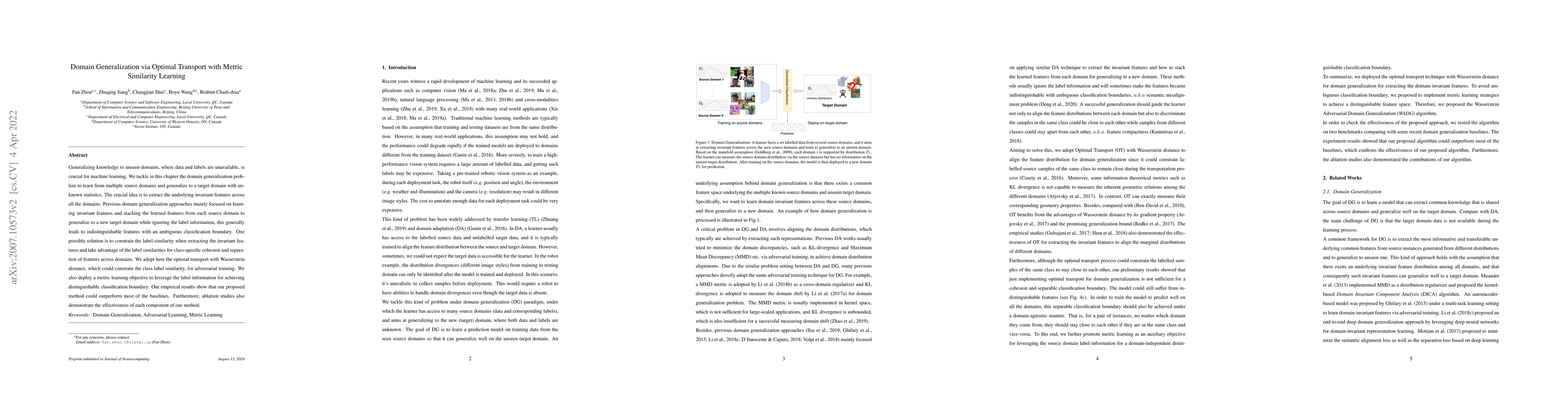 Thumbnail for Domain Generalization via Optimal Transport with Metric Similarity
  Learning