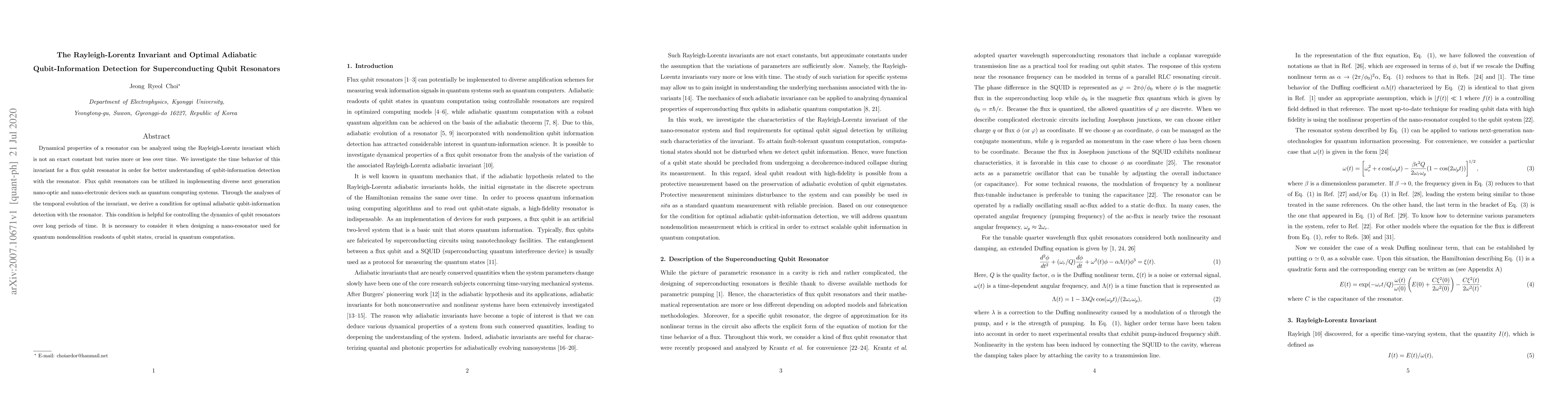 Thumbnail for The Rayleigh-Lorentz Invariant and Optimal Adiabatic Qubit-Information
  Detection for Superconducting Qubit Resonators