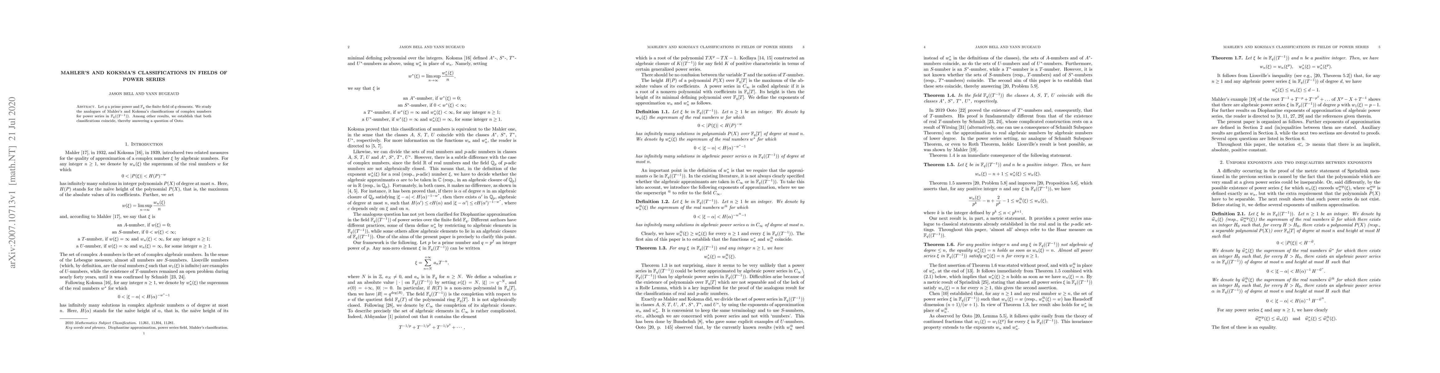 Thumbnail for Mahler's and Koksma's classifications in fields of power series