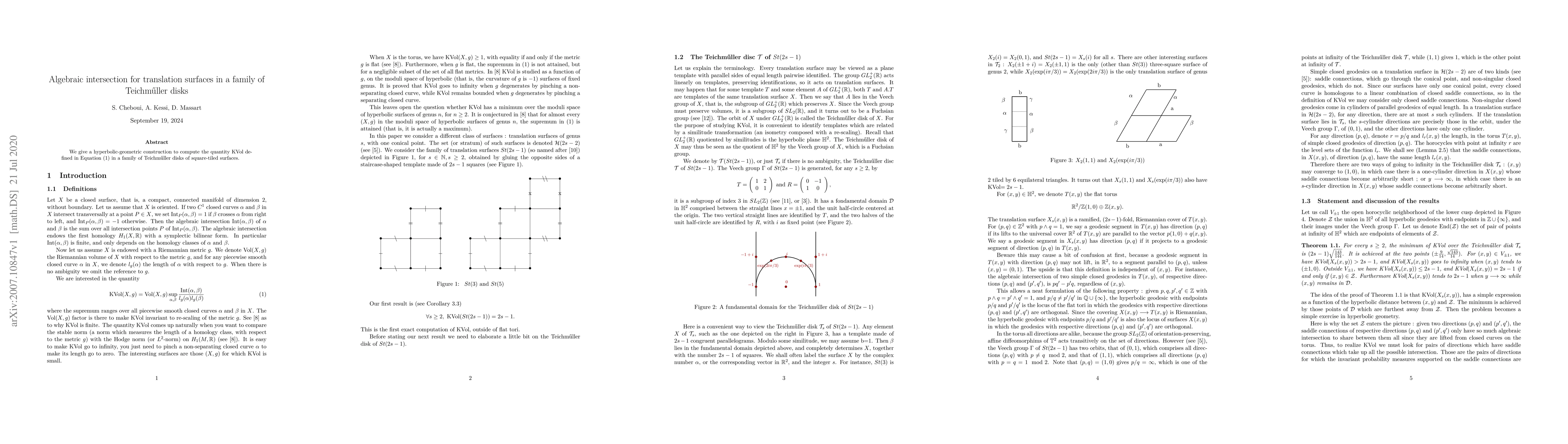 Thumbnail for Algebraic intersection for translation sufaces in a family of
  Teichm\H{u}ller disks