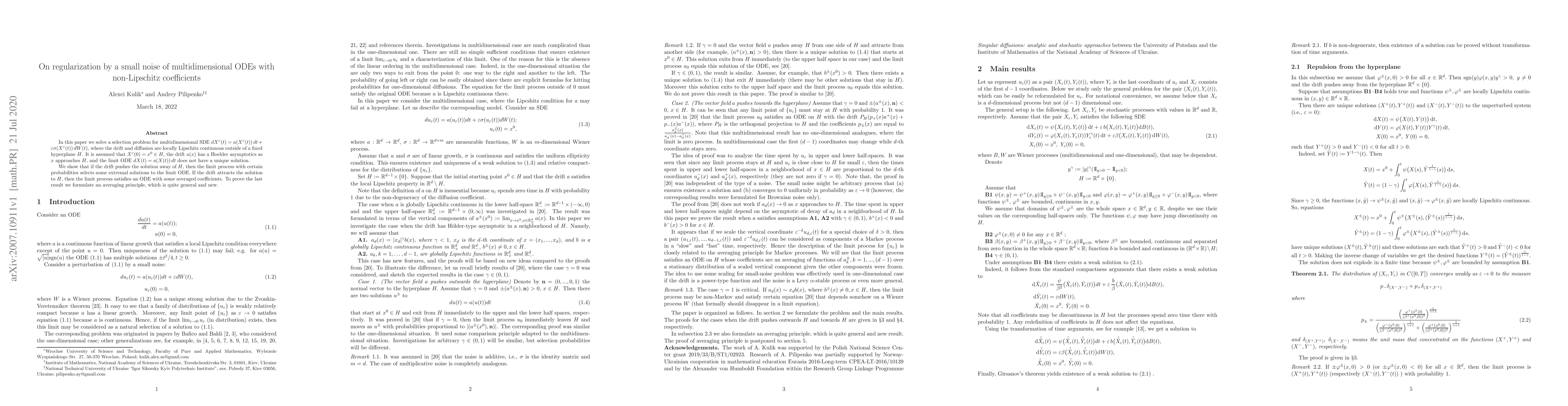 Thumbnail for On regularization by a small noise of multidimensional ODEs with
  non-Lipschitz coefficients