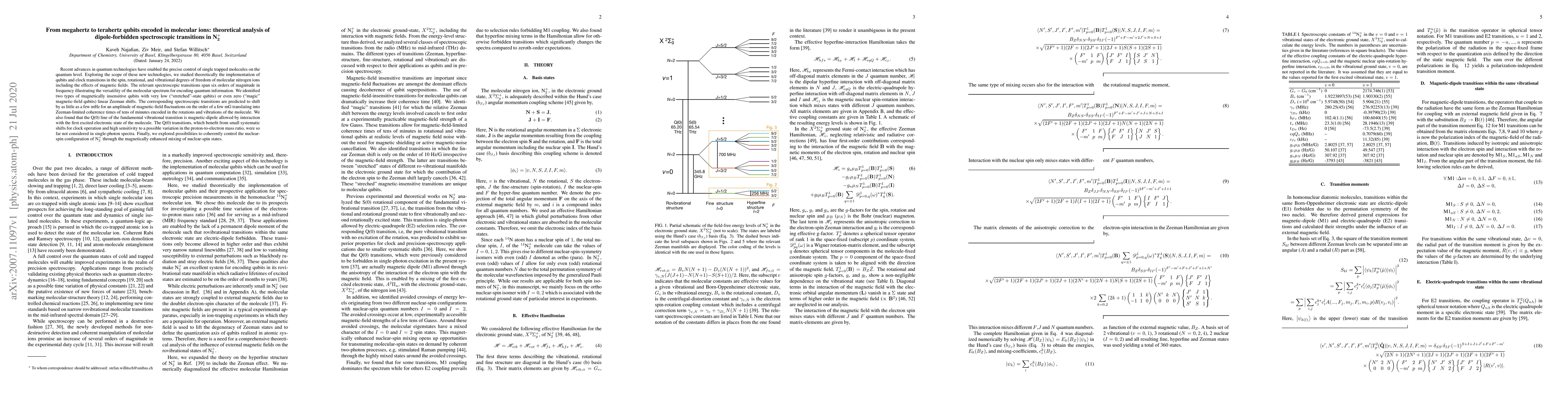 Thumbnail for From megahertz to terahertz qubits encoded in molecular ions:
  theoretical analysis of dipole-forbidden spectroscopic transitions in
  N$\mathbf{_2^+}$