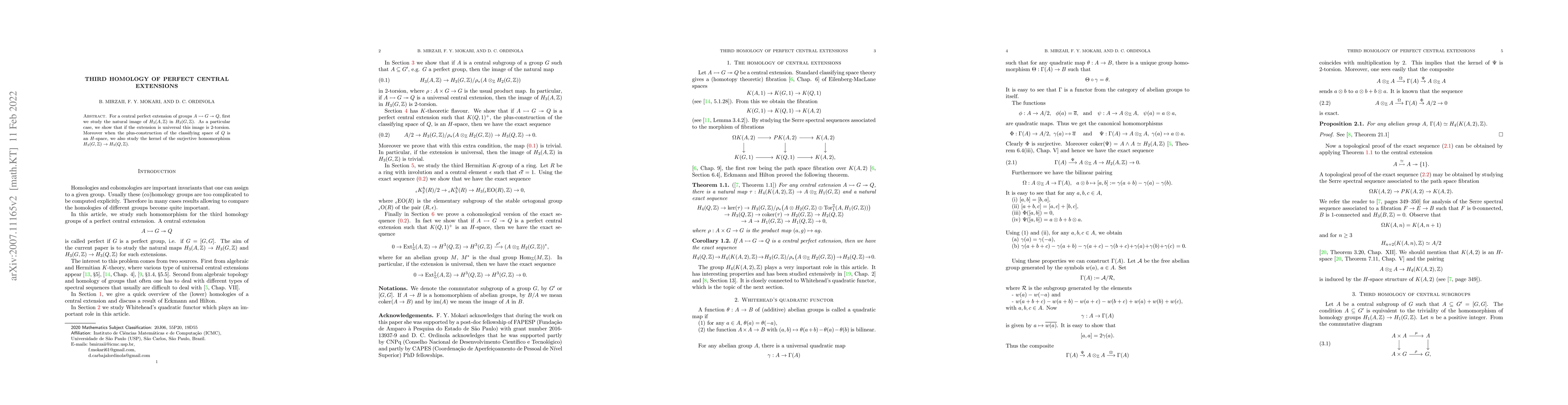 Thumbnail for Third homology of perfect central extensions