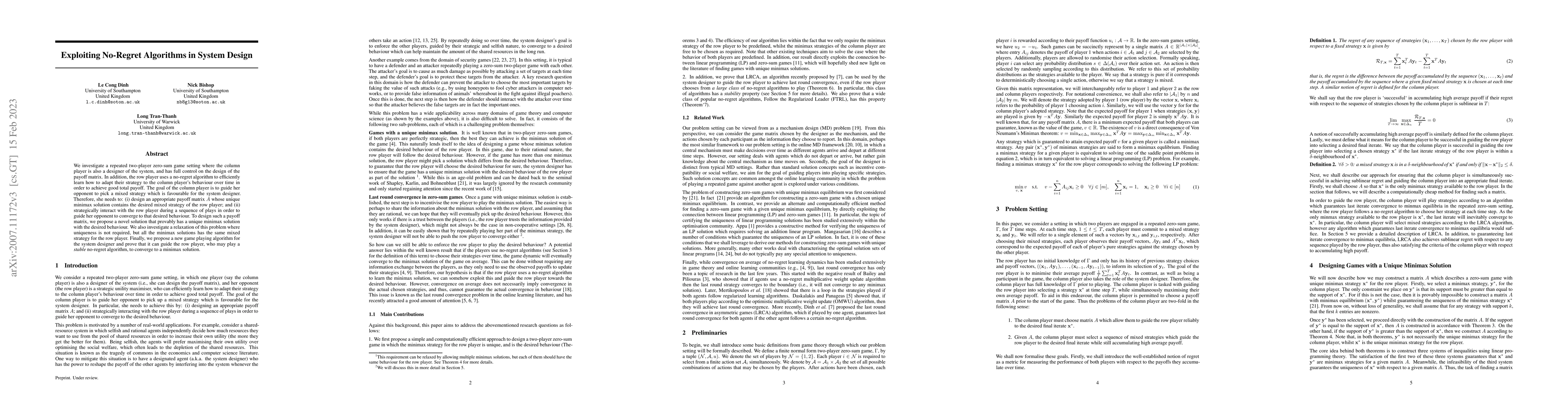 Thumbnail for Exploiting No-Regret Algorithms in System Design