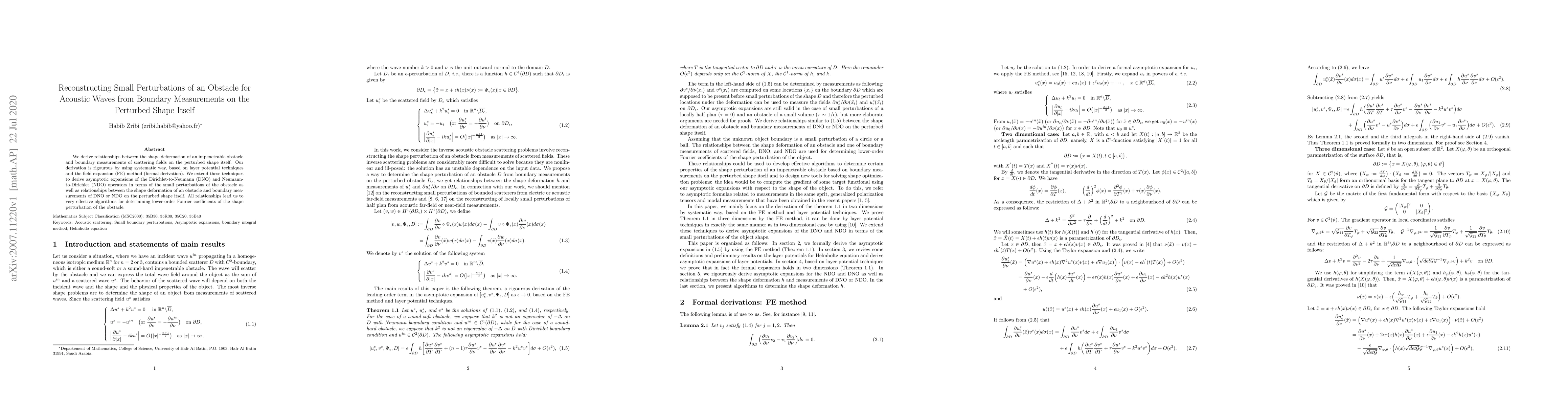 Thumbnail for Reconstructing Small Perturbations of an Obstacle for Acoustic Waves
  from Boundary Measurements on the Perturbed Shape Itself