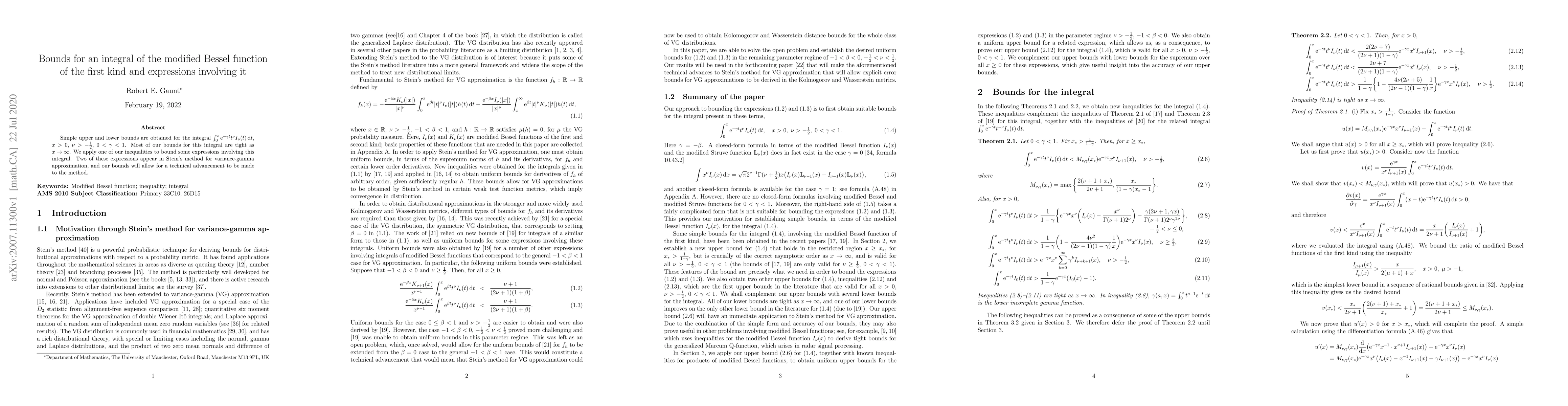 Thumbnail for Bounds for an integral of the modified Bessel function of the first kind
  and expressions involving it