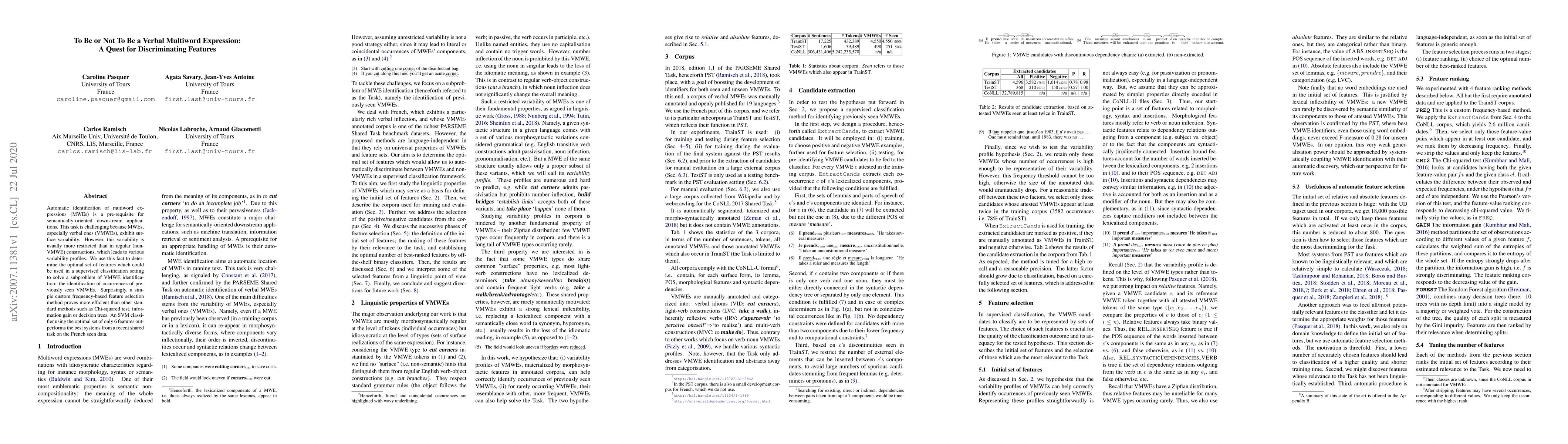 Thumbnail for To Be or Not To Be a Verbal Multiword Expression: A Quest for
  Discriminating Features