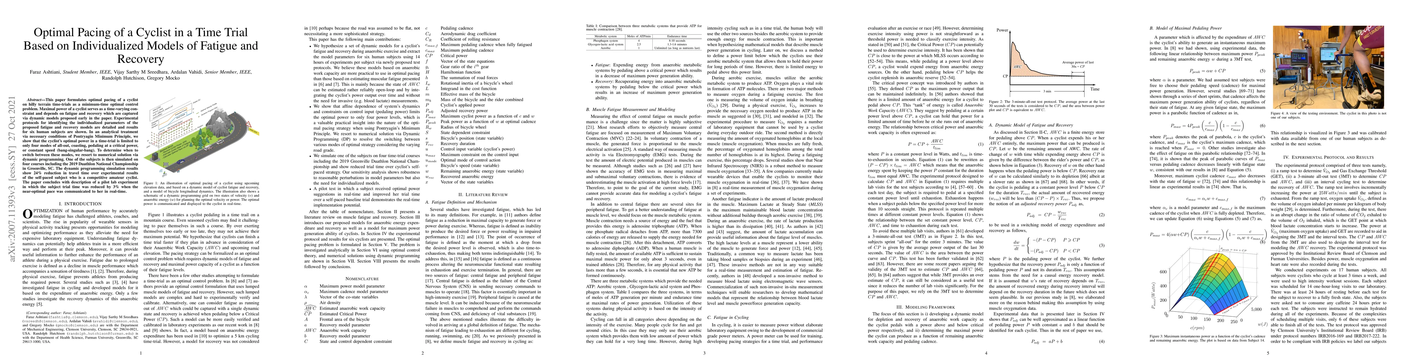 Thumbnail for Optimal Pacing of a Cyclist in a Time Trial Based on Individualized
  Models of Fatigue and Recovery