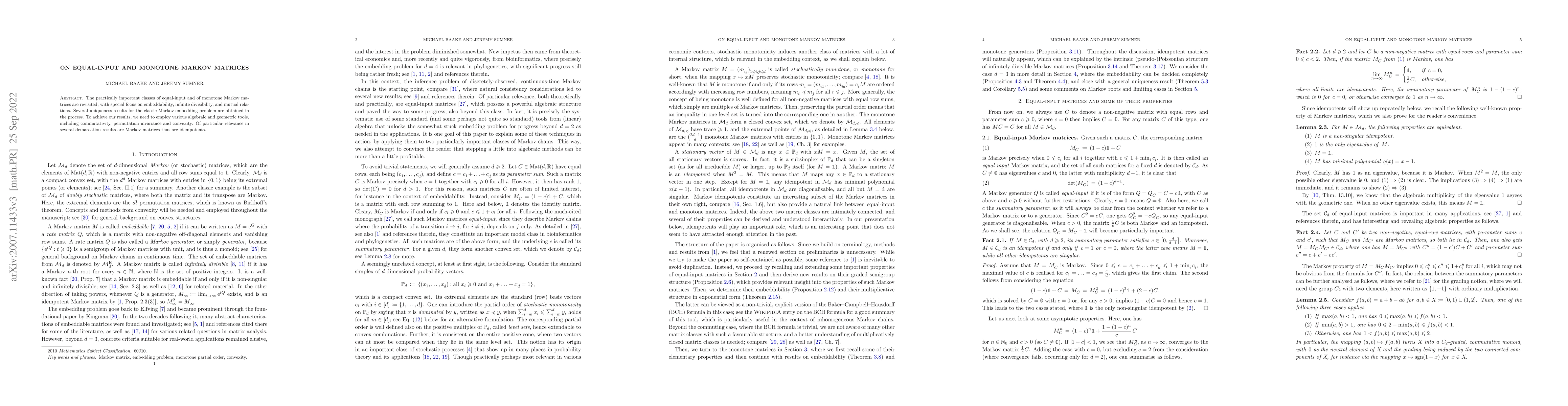 Thumbnail for On equal-input and monotone Markov matrices