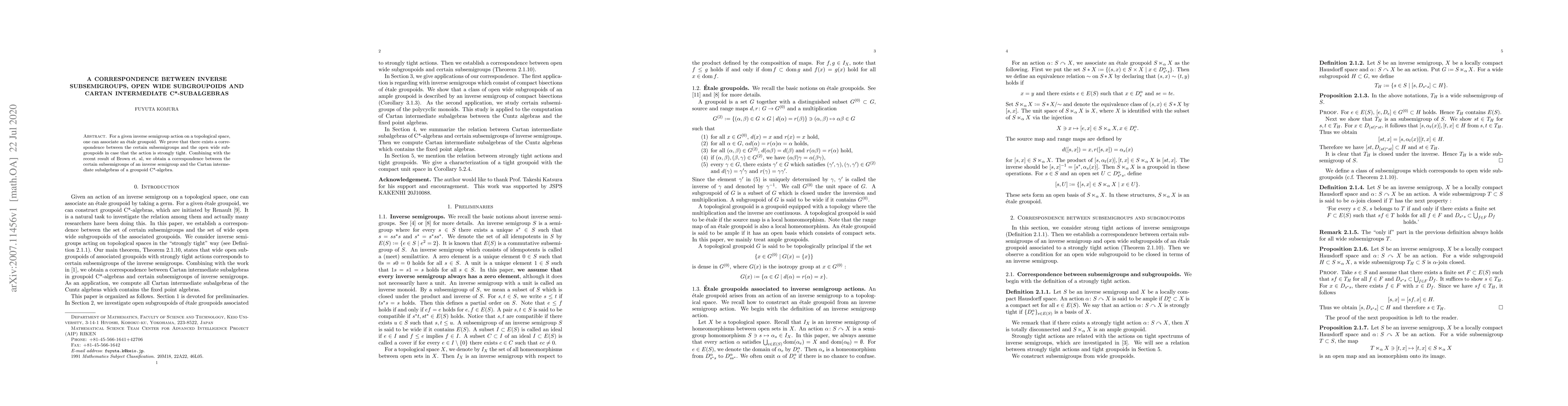Thumbnail for A correspondence between inverse subsemigroups, open wide subgroupoids
  and Cartan intermediate C*-subalgebras