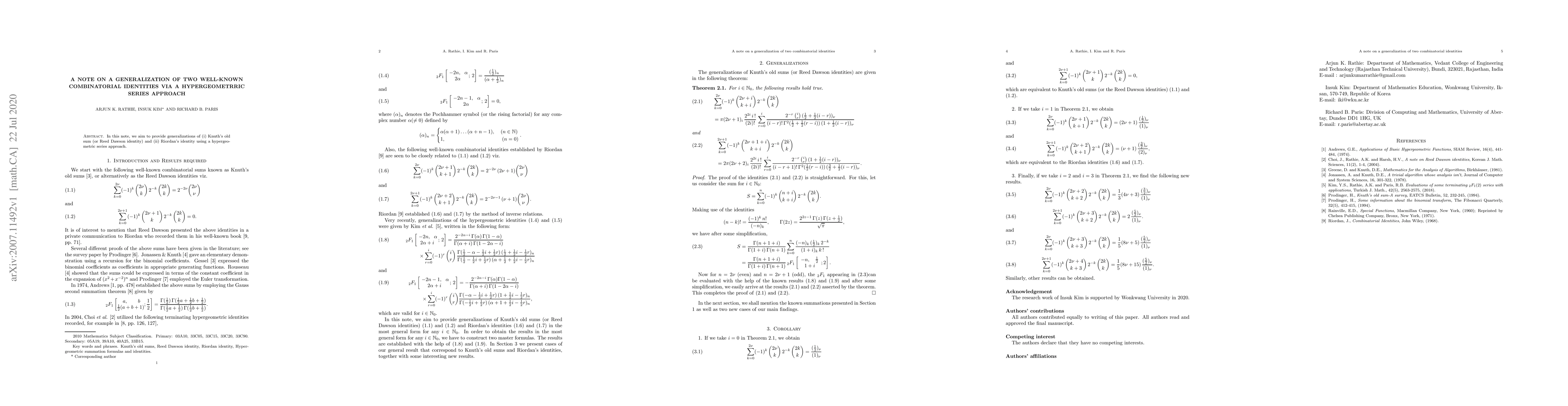 Thumbnail for A note on a generalization of two well-known Cominatorial identities via
  a Hypergeometric series approach