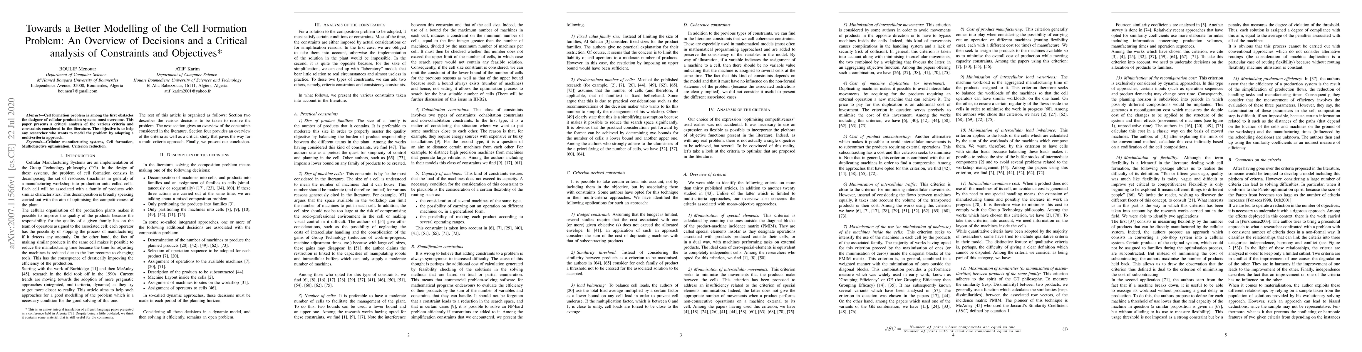 Thumbnail for Towards a Better Modelling of the Cell Formation Problem: An Overview of
  Decisions and a Critical analysis of Constraints and Objectives