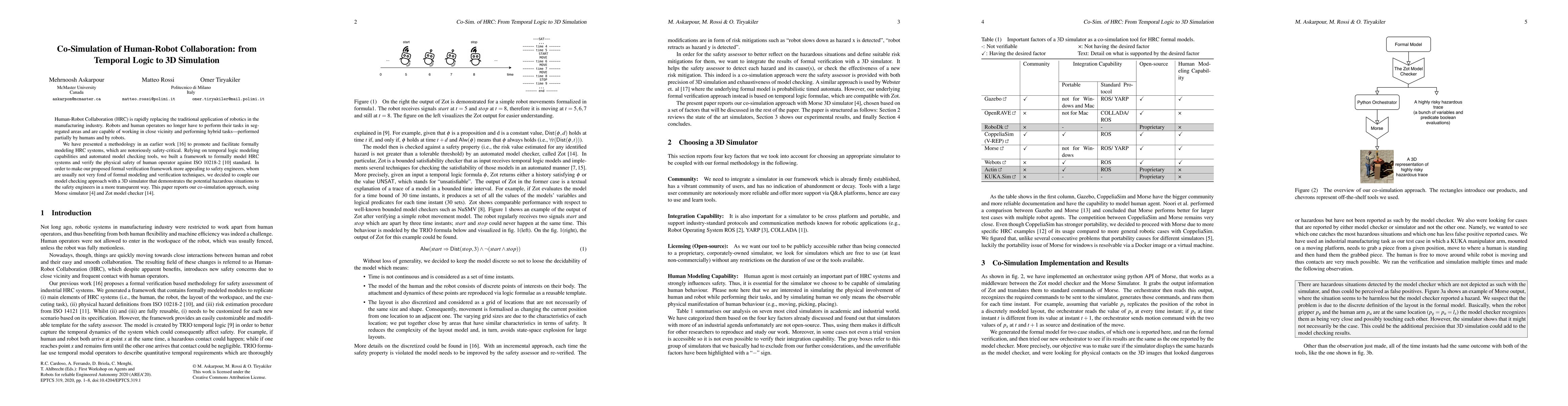 Thumbnail for Co-Simulation of Human-Robot Collaboration: from Temporal Logic to 3D
  Simulation