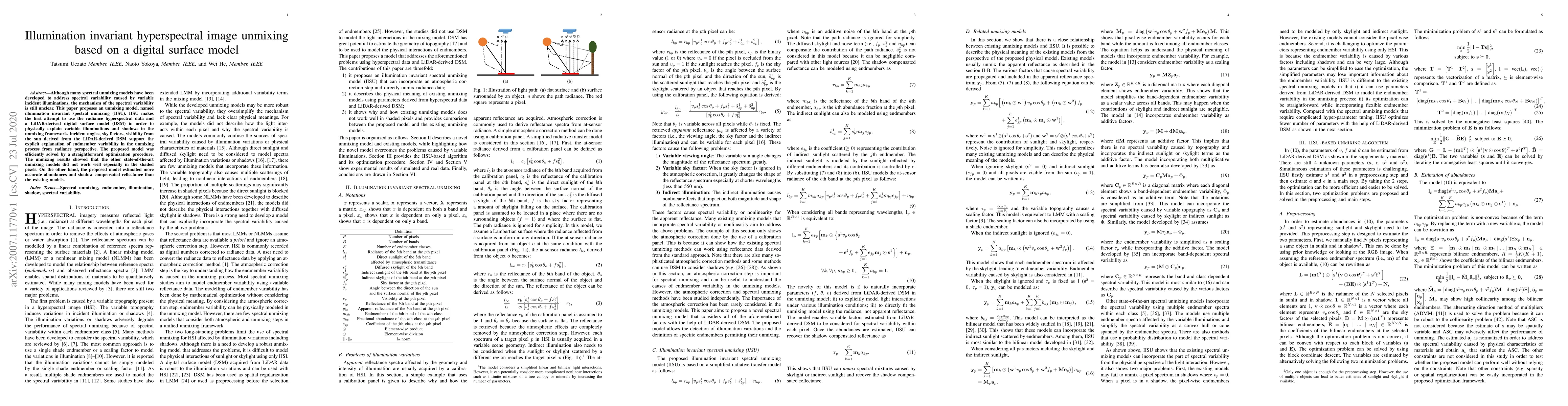 Thumbnail for Illumination invariant hyperspectral image unmixing based on a digital
  surface model