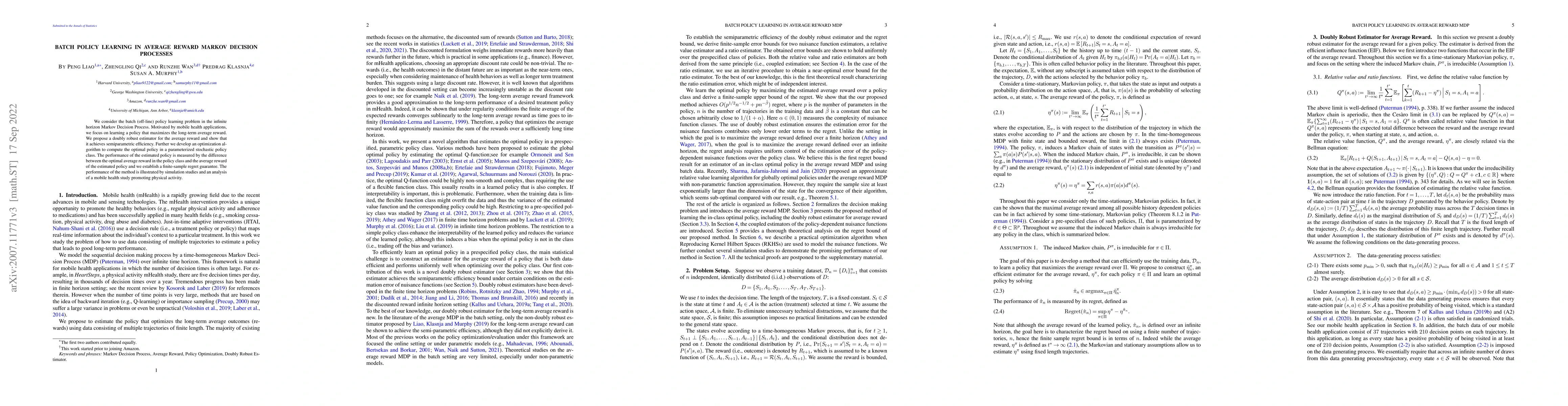 Thumbnail for Batch Policy Learning in Average Reward Markov Decision Processes