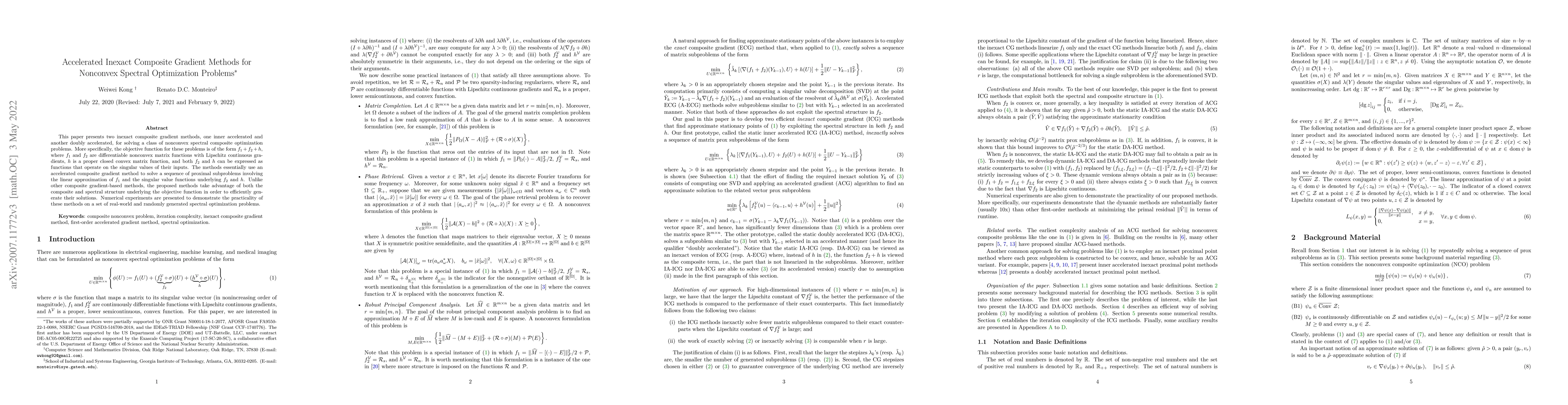 Thumbnail for Accelerated Inexact Composite Gradient Methods for Nonconvex Spectral
  Optimization Problems
