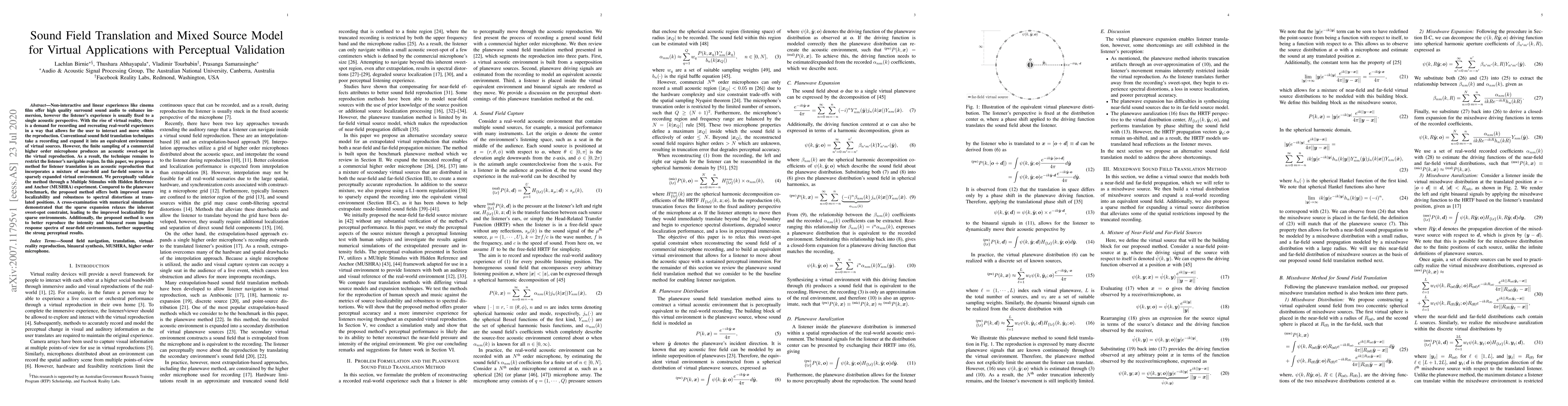 Thumbnail for Sound Field Translation and Mixed Source Model for Virtual Applications
  with Perceptual Validation