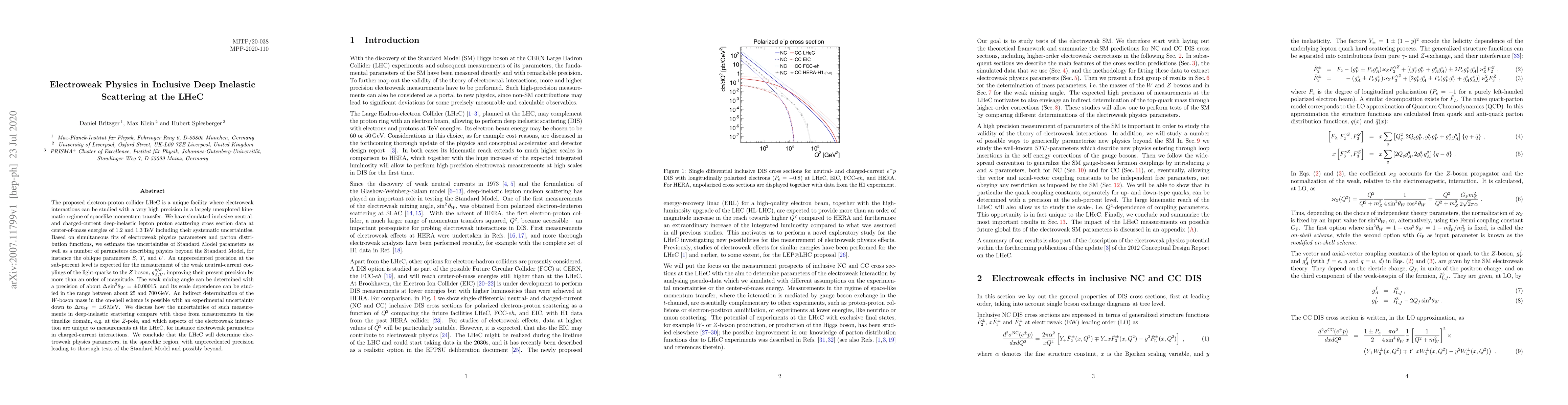 Thumbnail for Electroweak Physics in Inclusive Deep Inelastic Scattering at the LHeC