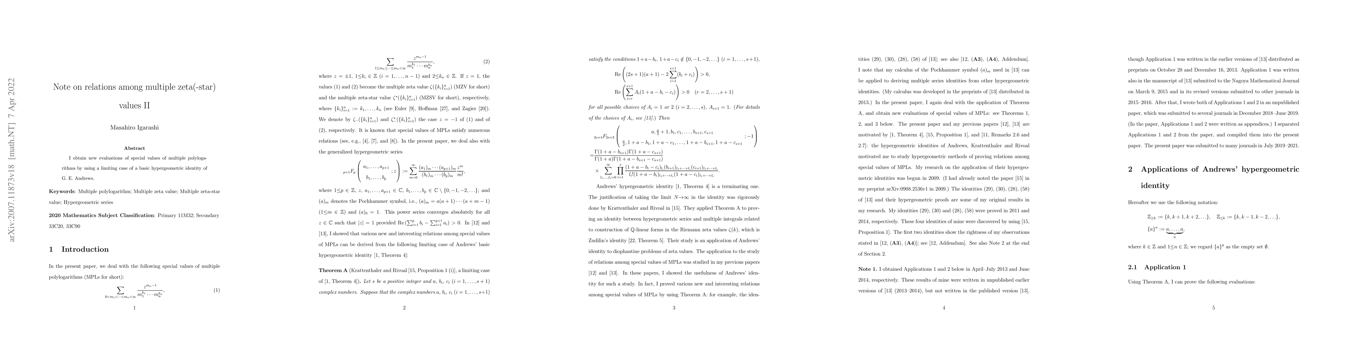 Thumbnail for Note on relations among multiple zeta(-star) values II