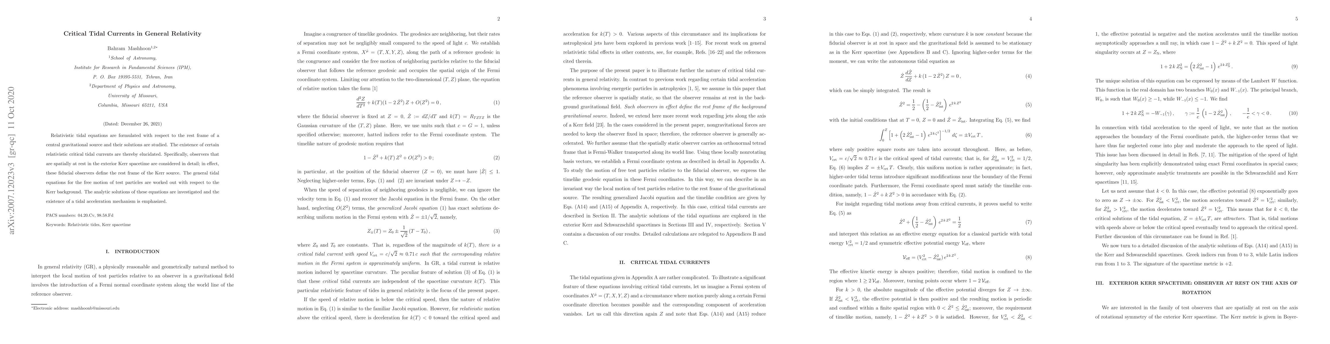 Thumbnail for Critical Tidal Currents in General Relativity