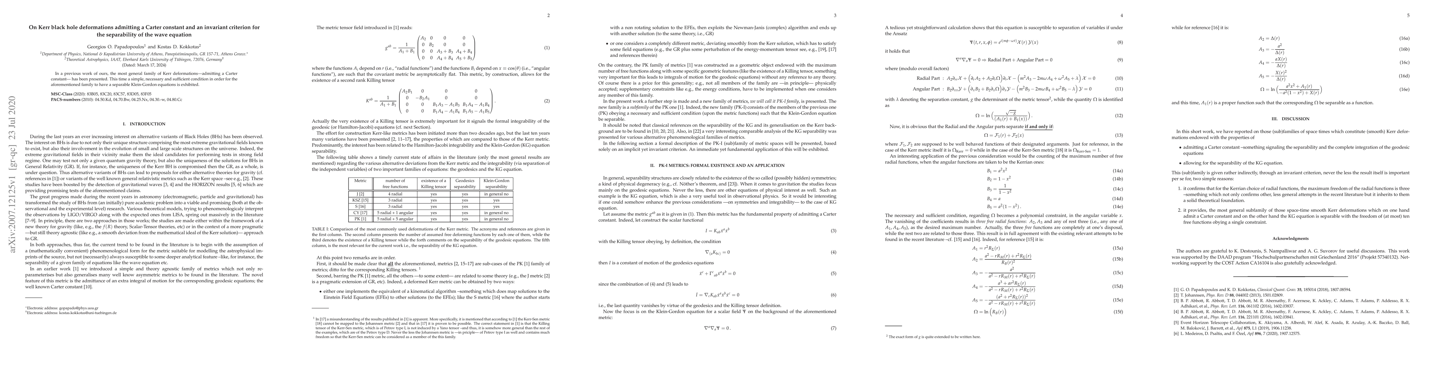 Thumbnail for On Kerr black hole deformations admitting a Carter constant and an
  invariant criterion for the separability of the wave equation