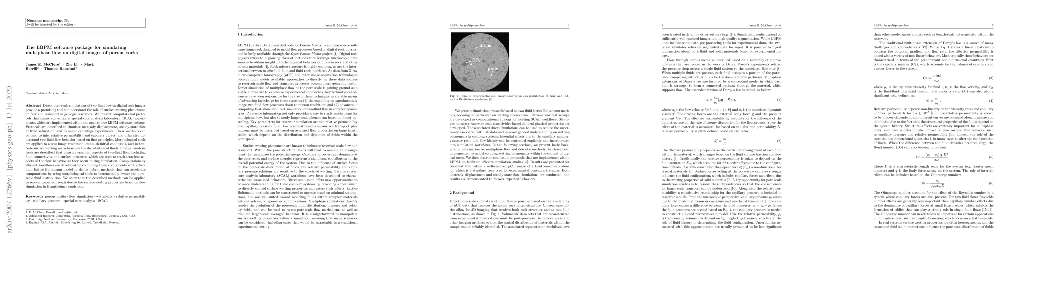 Thumbnail for The LBPM software package for simulating multiphase flow on digital
  images of porous rocks