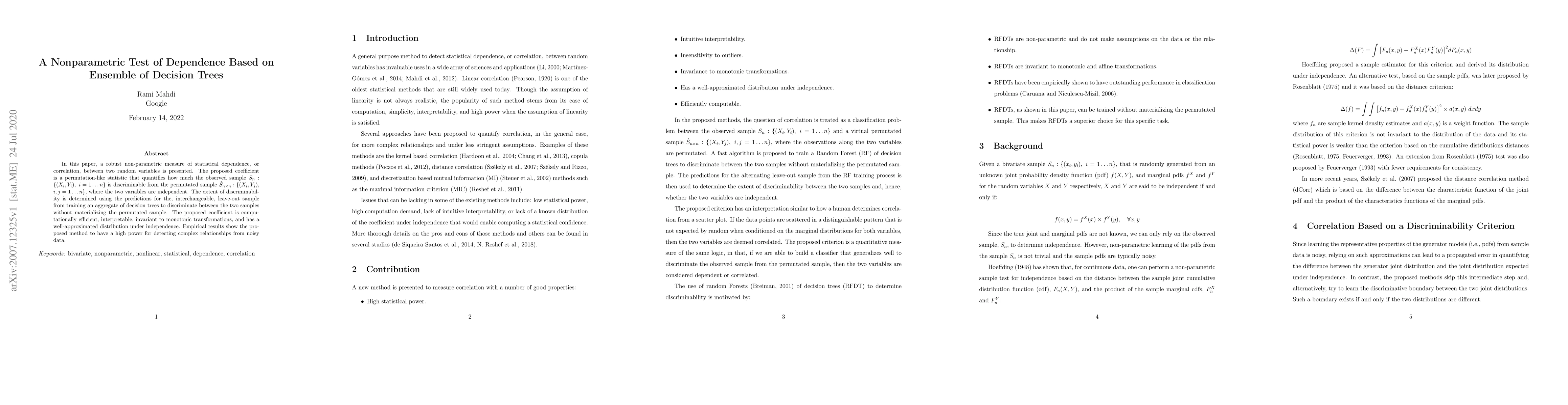 Thumbnail for A Nonparametric Test of Dependence Based on Ensemble of Decision Trees