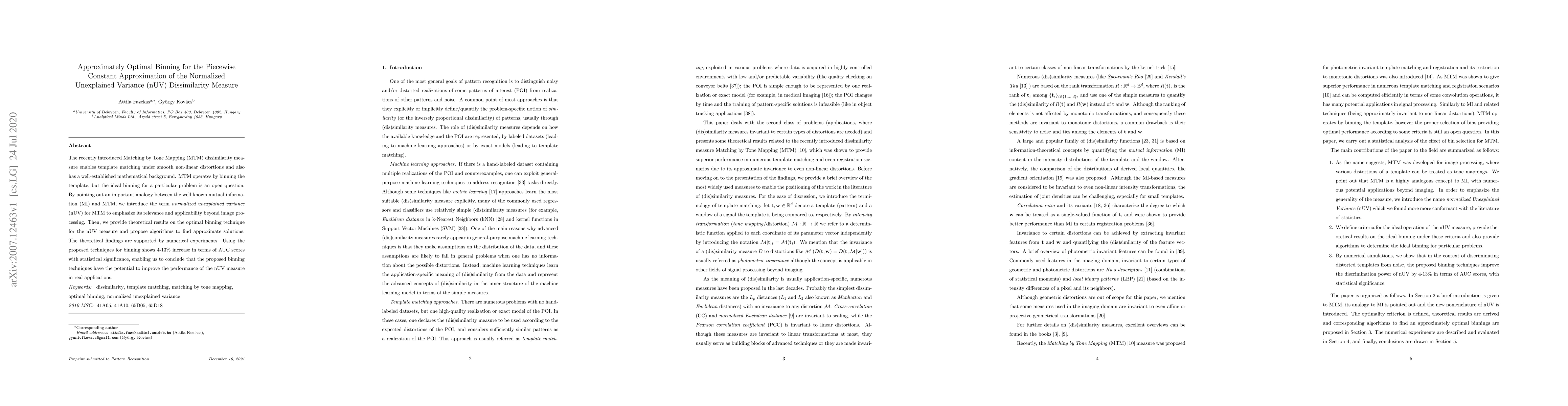 Thumbnail for Approximately Optimal Binning for the Piecewise Constant Approximation
  of the Normalized Unexplained Variance (nUV) Dissimilarity Measure