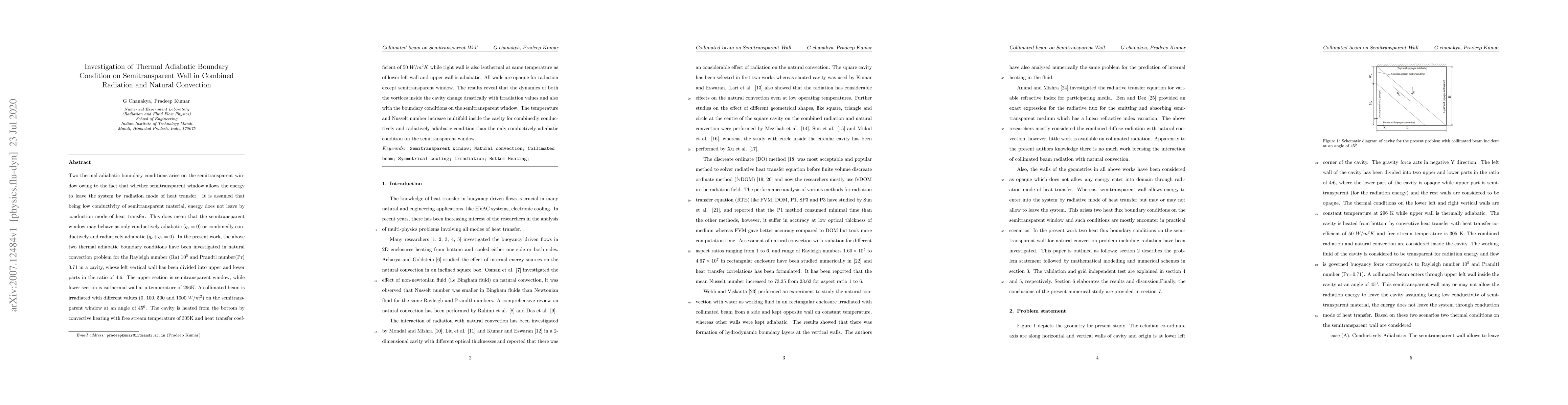 Thumbnail for Investigation of Thermal Adiabatic Boundary Condition on Semitransparent
  Wall in Combined Radiation and Natural Convection