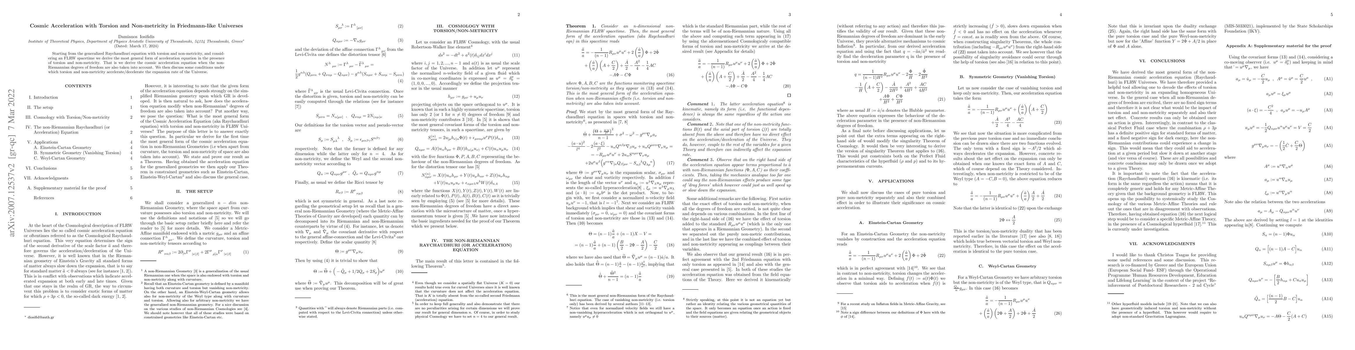 Thumbnail for Cosmic Acceleration with Torsion and Non-metricity in Friedmann-like
  Universes