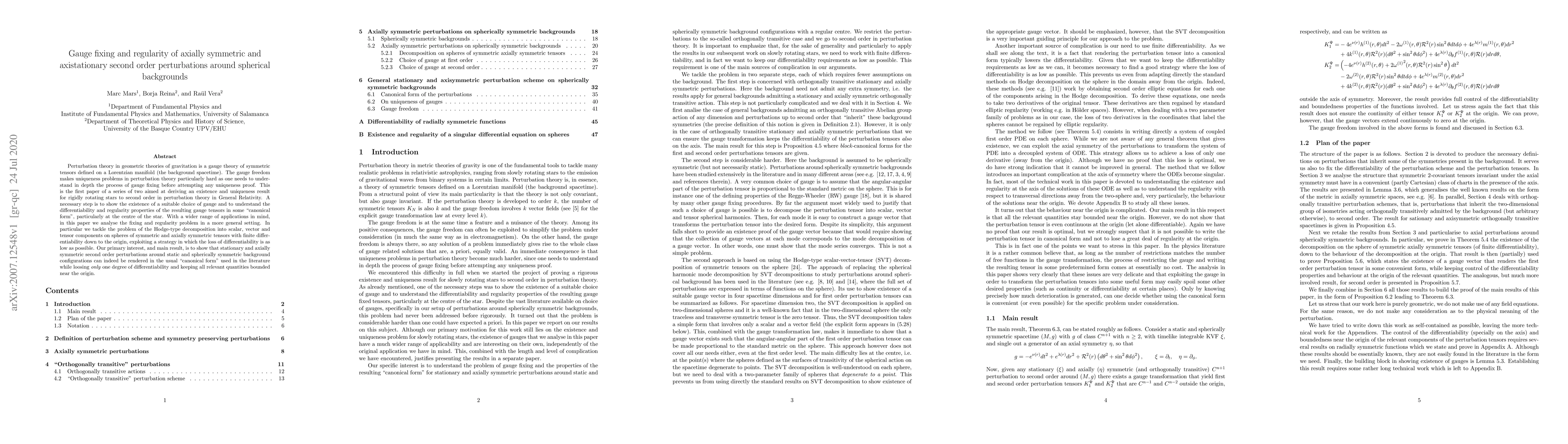 Thumbnail for Gauge fixing and regularity of axially symmetric and axistationary
  second order perturbations around spherical backgrounds