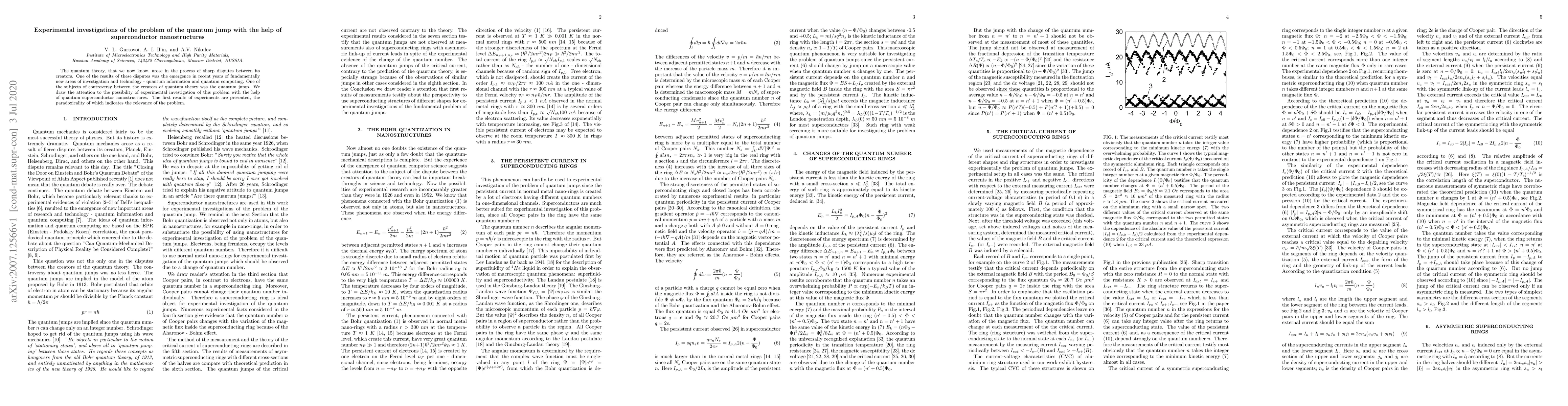 Thumbnail for Experimental investigations of the problem of the quantum jump with the
  help of superconductor nanostructures