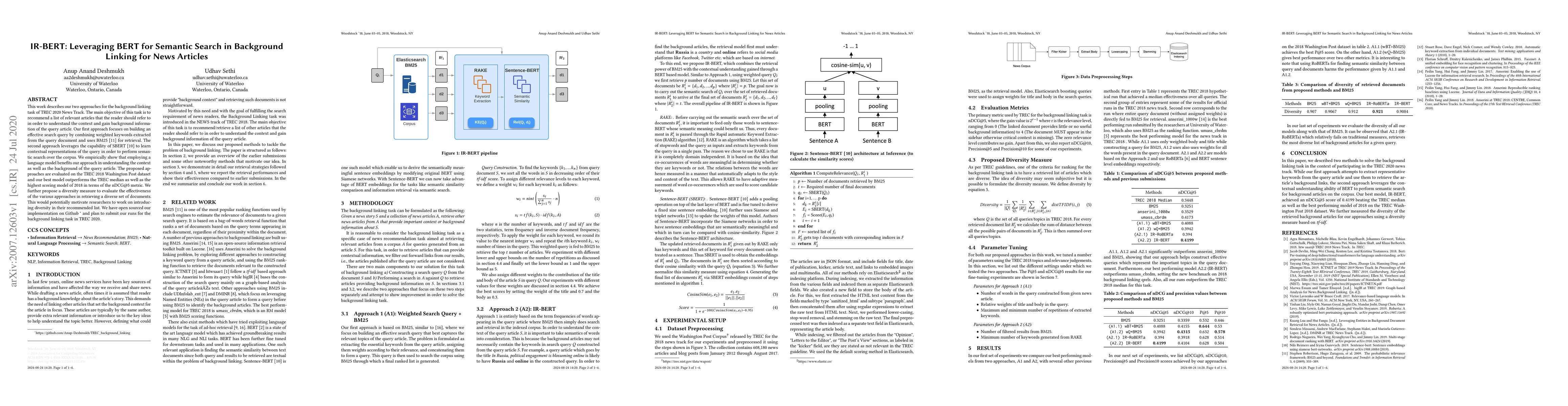 Thumbnail for IR-BERT: Leveraging BERT for Semantic Search in Background Linking for
  News Articles