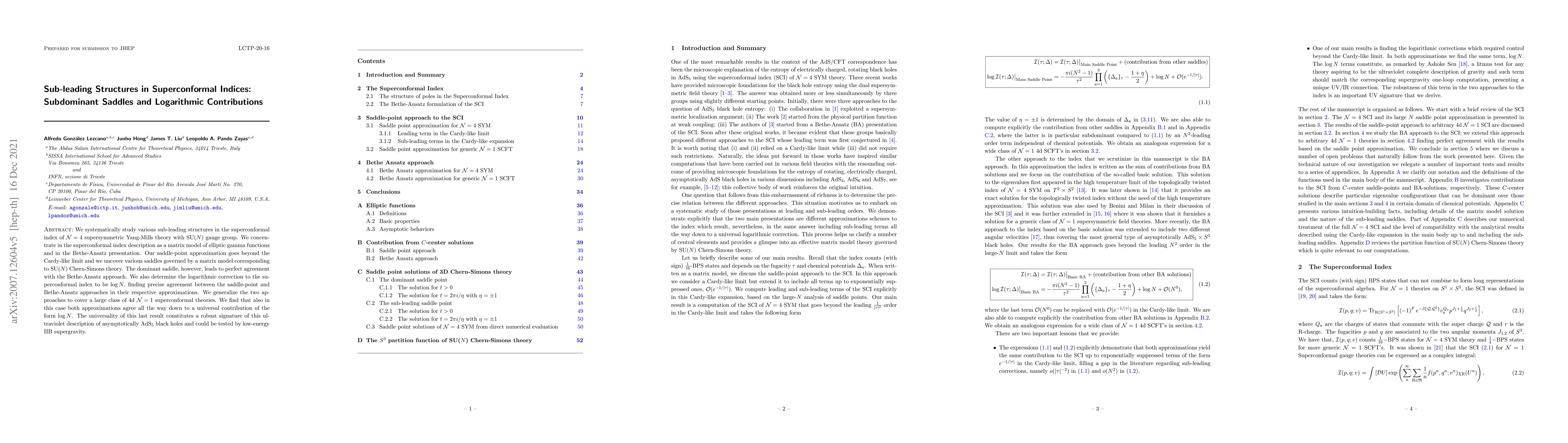 Thumbnail for Sub-leading Structures in Superconformal Indices: Subdominant Saddles
  and Logarithmic Contributions
