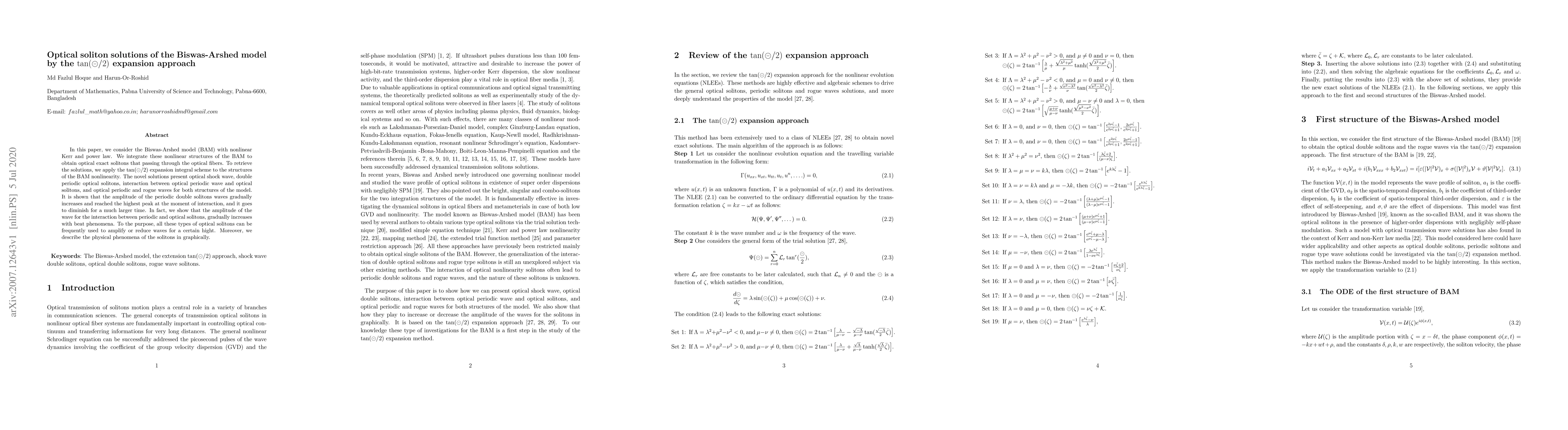 Thumbnail for Optical soliton solutions of the Biswas-Arshed model by the
  $\tan(\circleddash/2)$ expansion approach